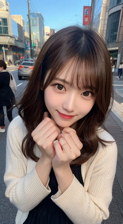 Tabletop, Highest quality, shape, Very detailed, finely, High resolution, 8k wallpaper, 完璧なダイナミックな構shape, Beautiful and detailed, Small breasts, Natural color lip, Random sexy poses,smile,Metropolis、20-year-old girl、Midnight、Beautiful and dense face、Perfect and beautiful face,Big eyes、Actual Photos（Best image quality）,one piece（Hide your chest）Hide your chest、dress（Long sleeve）、Jacket、Shooting from above the knee（Bottom to Top）、The Roof Shibuya Sky background, ((smile))