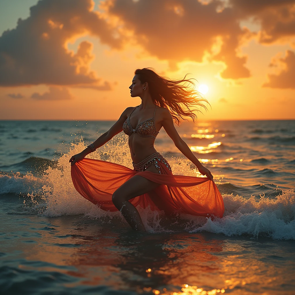Create a realistic and detailed depiction of a belly dancer performing gracefully on the surface of shimmering ocean waves. Her coordinated movements ripple the water, spraying droplets in all directions. The vibrant sun begins to set, casting feathered clouds overhead and bathing her in warm golden light.