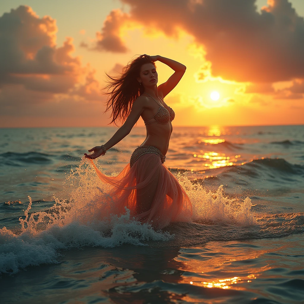 Create a realistic and detailed depiction of a belly dancer performing gracefully on the surface of shimmering ocean waves. Her coordinated movements ripple the water, spraying droplets in all directions. The vibrant sun begins to set, casting feathered clouds overhead and bathing her in warm golden light.