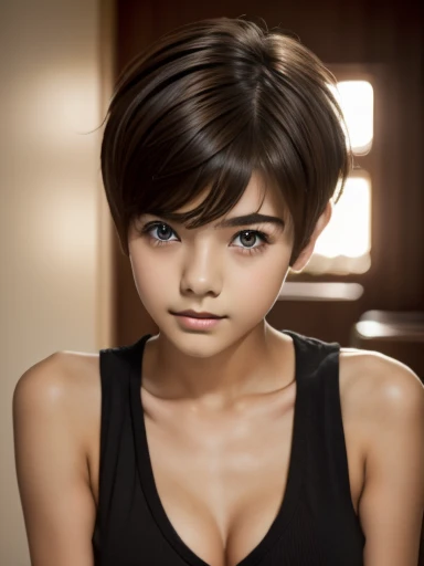 A  beautiful and slim girl with short hair. Tomboy hair style. Breast can be seen.