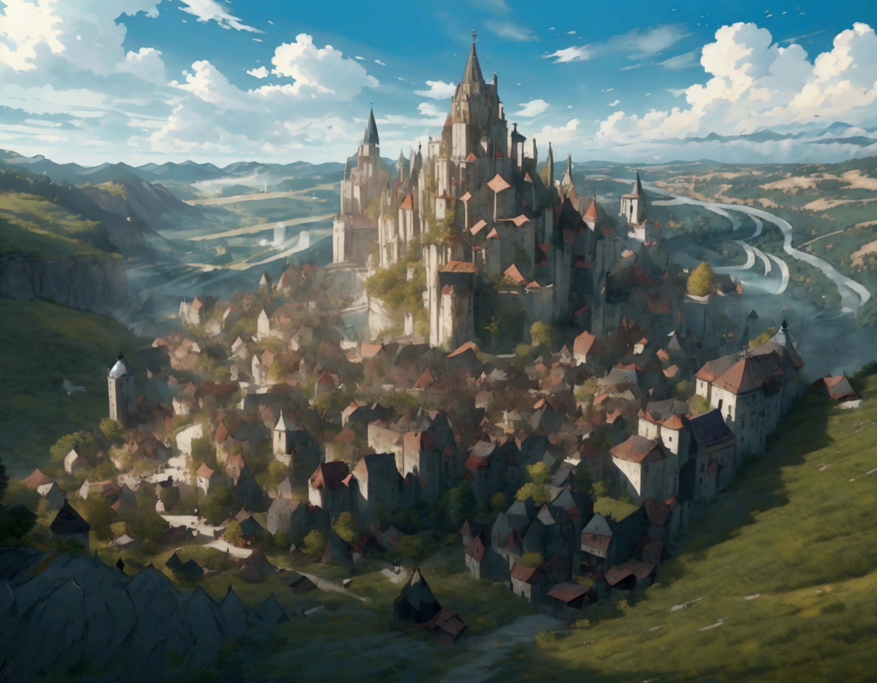 City Vision，Magnificent and luxurious Western fantasy，The city is surrounded by forests，The time is daylight，Medieval European city，Very beautiful city，The city cluster is concentrated in the center of the picture，The picture is surrounded by forest，Cities are not decentralized