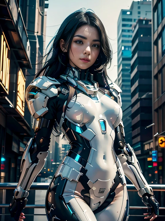 High quality, high resolution, best composition, one beautiful woman, young woman, very delicate and beautiful, CG , beautiful detailed girl, light on face, mechanical, armor, white mechanical body, black hair, spaceship, city, cyberpunk.