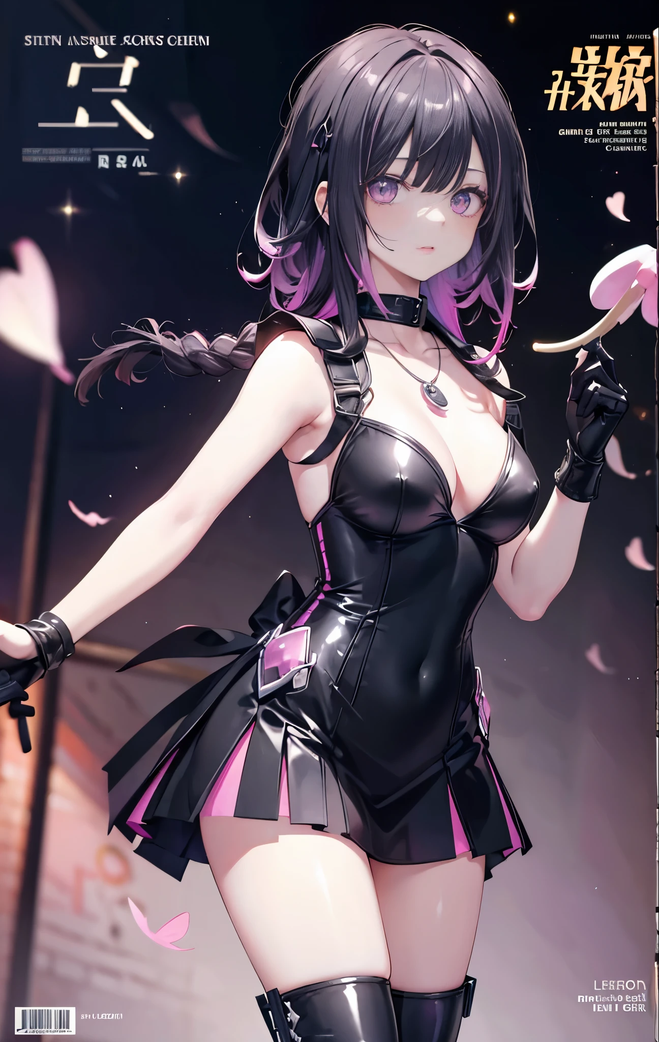 1 girl, crona, one person, (black striped cyclamen:1.4), (gradient dark cyclamen end:1.6), hairline, absurdly long hair, braid, long braid of hair, one-sided lock, shiny hair, floating hair, (illusion dark cyclamen eyes), delicate eyes, aqua eyes, super high detailed eyes, long upper eyelashes, ((glowing eyes)), makeup, Focus on face, Very detailed facial treatment, Pretty face, Perfect breasts, round breast,hot body, (Fine leather texture:1.2), crusher, necklace, leather strap, latex, masterpiece, femdom, on the street, looking at the starry night sky, meteor, detailed background, perfect layer cutting, clear focus, (magazine:1.3), (cover-style:1.3), octane number, Tyndall effect, lifelike, dark studio, side light, two-color lighting, realism, chiaroscuro, (glowing light), spark, ray tracing, cinema lighting, futurism, motion blur, atmospheric perspective, depth of field, bokeh, best quality, uhd, super detail, masterpiece, highres,