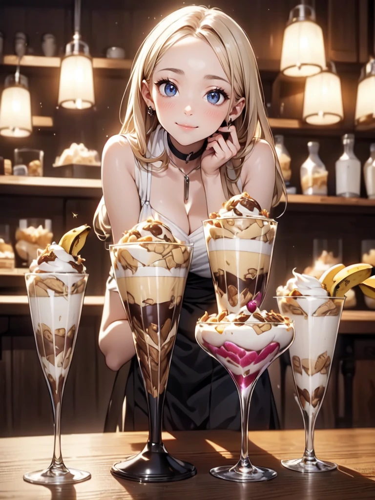 (masterpiece:1.3),(best quality, highest quality),((Full Body Shot,Including face)),()1girl,4K,masterpiece,((Focus on the face)),((Symmetrical facial features)),Beautiful woman,(slender),((High heels,Patterned stockings with straps)),Detailed depiction of the face, Cafe clerk ,bar counter,profile,Long skirt,slenderな女性,Green Cafe uniform,Age 25,(((Make a banana parfait)))