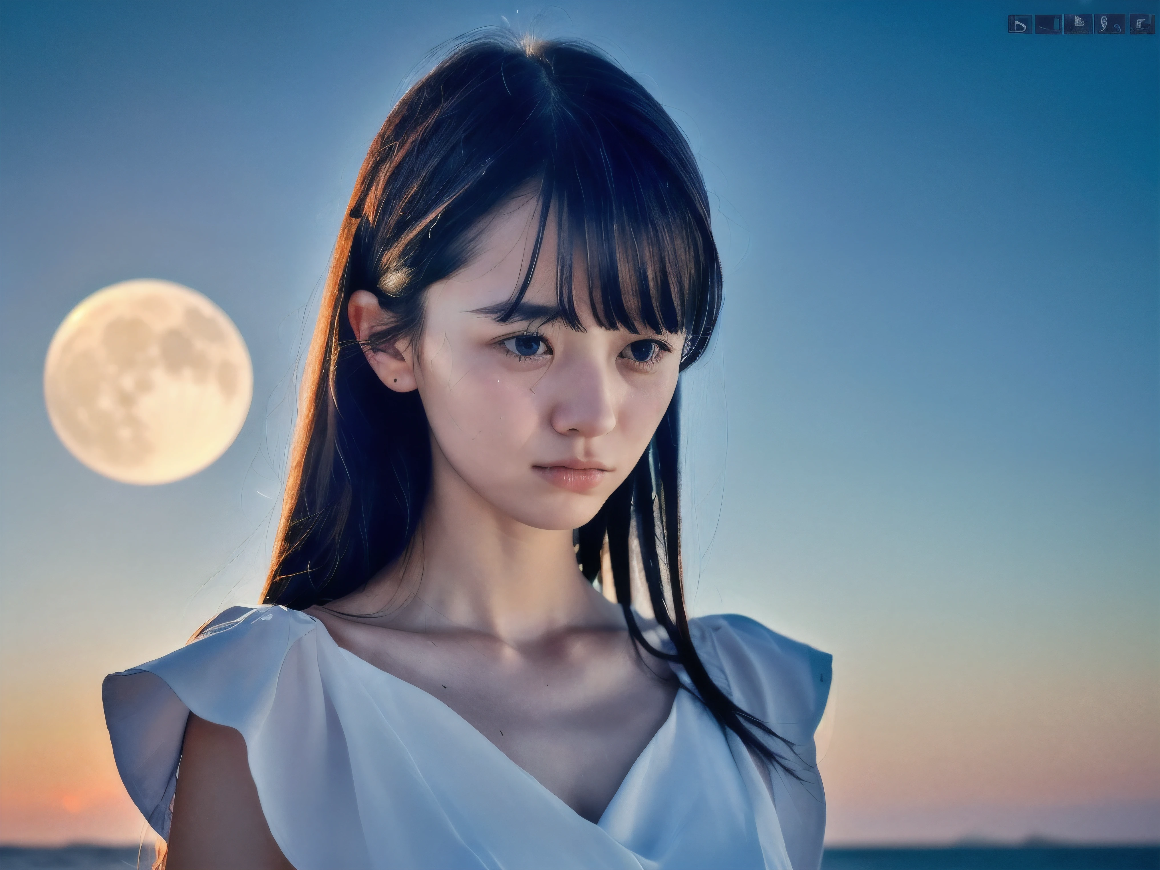 (Close up face shot of slender small-breasted dark silver long hair with swept bangs girl wearing a white summer dress:1.5)、(One girl is turn around and crying face with tears at the cape of the sea in Japan:1.5)、(Beautiful midnight with full moon and stars on the sea:1.5)、(blurred background:1.5)、(Natural light:1.5)、(8k ultra detailed master piece:1.5)、(perfect anatomy:1.5)、(Photorealistic stick:1.5)、(Raw photo:1.3)、(highest quality:1.5)、(High resolution:1.3)、(Delicate and beautiful perfect face:1.3)、(Delicate and beautiful eye air skin:1.3)、(Real Human Skin:1.3)、((thin legs))