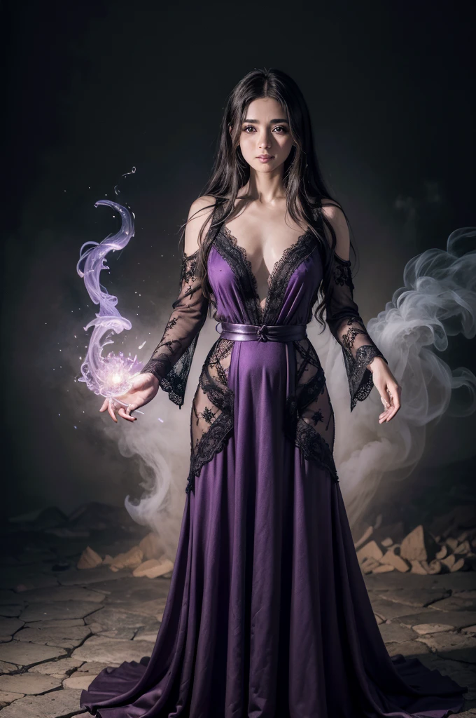 (((Deusa do fogo UHD)))super-realista, Standing Up Showing All Her Realistic 8K Purple Lace Dress , cabelos negros, pele, dourada, corpo full body, Detailed Hands with Ruby Ring, 38 anos, Mystery front image ::8, flowing robe, Intricate Purple Makeup Patterns ::7, body ::6, Aura Encantada, magia brilhante ::5, On your card table, Bubbling Potion ::4, Magic ingredients, spellbooks ::3, gesto de spellcasting ::2, mistic ambient, supernatural presence ::1. Smoke and atmosphere:  , 16K.  