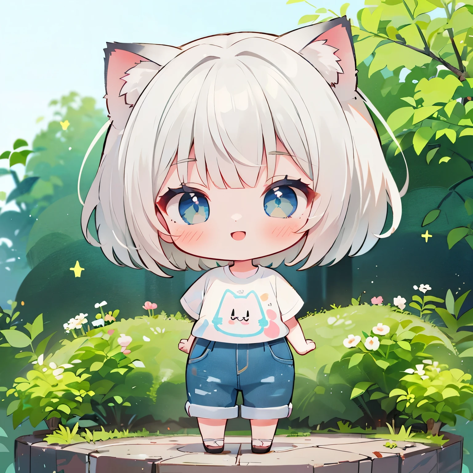 (One girl), cute, ((Chibi Character)), (smile:1.3), Open your mouth, (Cat ear), (Gray Hair), Bobcut, (garden), (Put your hands behind your back), {Design T-shirt, Denim pants}, Full Body Shot, ((Highest quality)), ((masterpiece)), (detailed), Perfect Face, Perfect Arms, Perfect hands, Perfect Fingers, anime, Ultra-fine illustration,