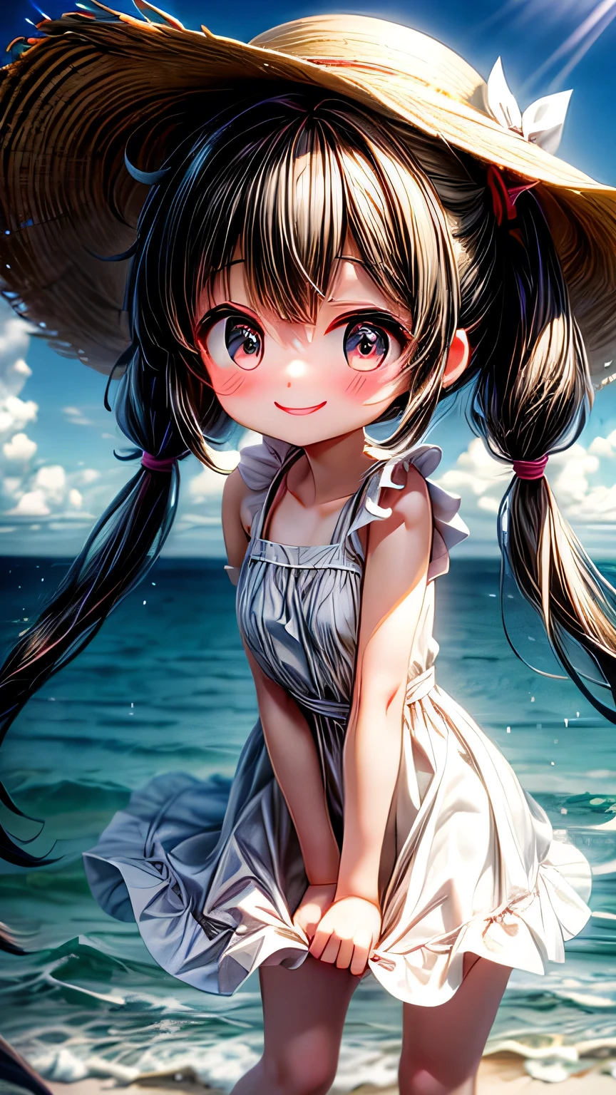 最high quality, masterpiece, , ,short, Huge breasts, Black Hair,Low twin tails, Black eyes, Yukinecris, Thin twin tails,, Beach, Ocean, White Dress, White Skirt, White dress, Straw hat,  (((shy))), (Happy), Leaning forward, summer, From above, Reaching out, smile, masterpiece, 最high quality, high quality, High resolution､ ((smile)), smileで､((Random pose))､