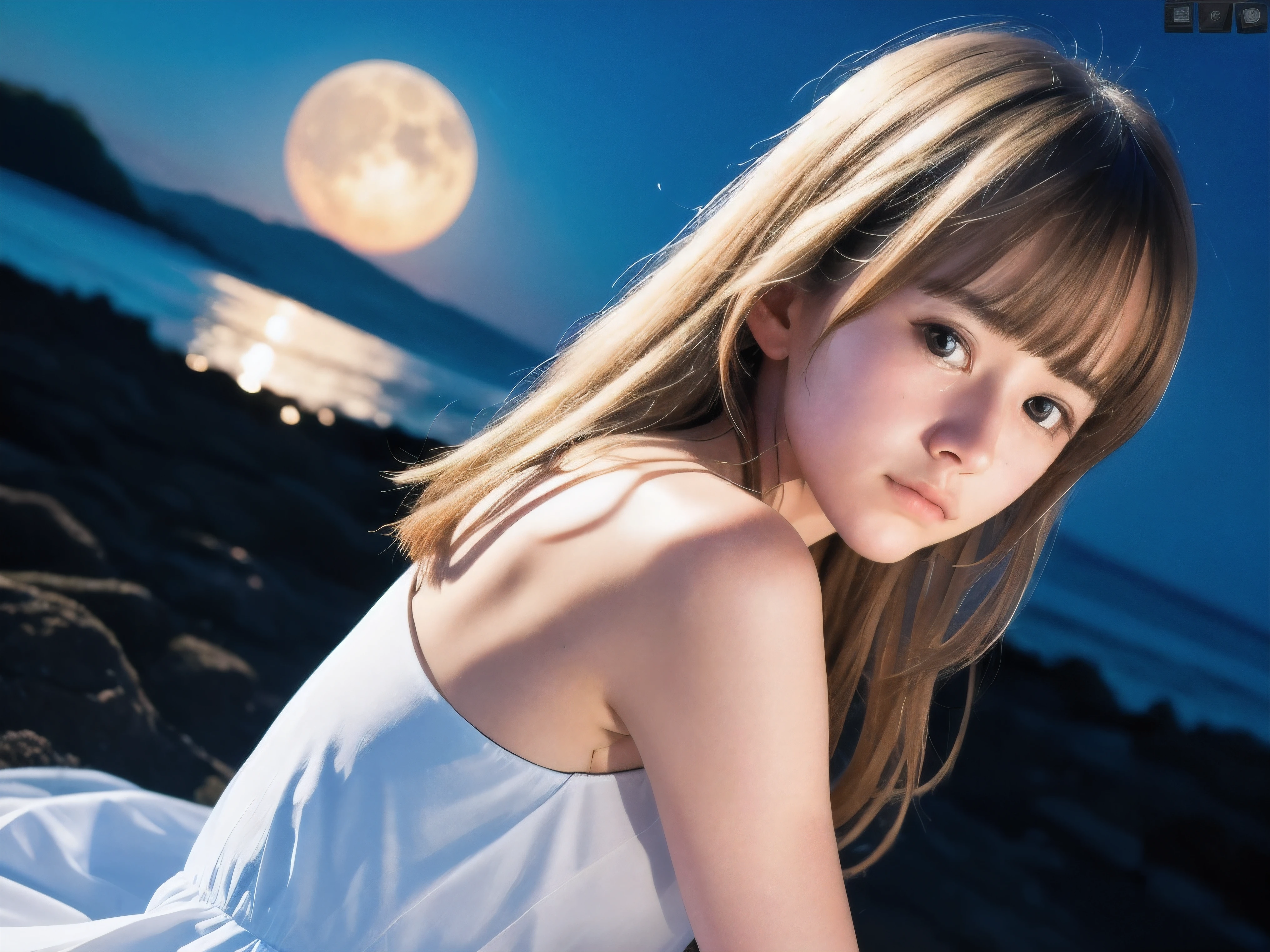(Close up face shot of slender small-breasted half up blonde long hair with bangs girl wearing a white summer dress:1.5)、(One blonde hair girl is turn around and crying face with tears at the cape of the sea in Japan:1.5)、(Beautiful midnight with full moon and stars on the sea:1.5)、(blurred background:1.5)、(Natural light:1.5)、(8k ultra detailed master piece:1.5)、(perfect anatomy:1.5)、(Photorealistic stick:1.5)、(Raw photo:1.3)、(highest quality:1.5)、(High resolution:1.3)、(Delicate and beautiful perfect face:1.3)、(Delicate and beautiful eye air skin:1.3)、(Real Human Skin:1.3)、((thin legs))