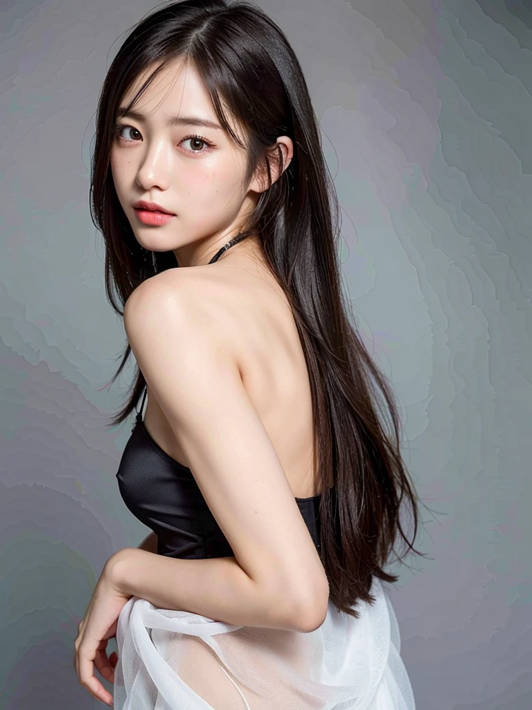 (masterpiece:1.3), (8k, Realistic, RAW Photos, Best image quality: 1.4), (Random Hairstyles:1.2)、(Highly detailed face)、Attention to detail、double eyelid、(Dark Eyes),(Sharp focus:1.2)、((whole body:1.5)),One Woman、Beautiful woman:1. 4,20-year-old woman、smile,Woman with a perfect body,Beautiful Abs,Chest-length hair、Highest quality、masterpiece、Ultra-high resolution、(Realistic:1.4)、super high quality、Symmetrical face、The face is very realistic、Photo level、8k最高画質はフル、Sebaceous reflex、The face is very realistic、Extremely realistic skin、Realistic light and shadow effects、(Pure and elegant girl),Professional Lighting、Swayback,Beautiful thighs,Sexy pose,back,Sheer satin camisole,see-through camisole,