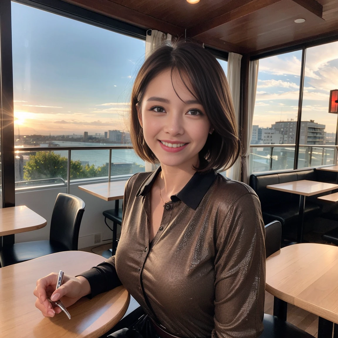 ((Highest quality、8k、masterpiece:1.3))、slimカップル、Pink rubber、modelカップル、(Realistic, Intricate details:1.2), full-course dinner、wine 、Amazing view of the sunset sky and clouds、A bright smile、The wonderfulness of smile、Bright image、wineの美しさ, Beautiful Face, blue eyes, The light shines on your face, blush, short hair,Bright Face、 (Age 37), 39 years old, 赤wine 、Appetizers、Italian food、wine bottle、Champagne、スパークリングwine、Two beauties、Brown Hair、Shortcuts、Long sleeve shirt、dress、Beautiful woman 1, (slimな顔), (The body is slim), (Brown Hair), (Shortcuts), cheeks turn a little red,Attractive beauty、restaurant, In a prominent place (From the waist up) Nova Frog Style, actress, model, Upper Body, 白wine, slim, wineグラス, 中央に置かれたwineグラス, smile, (smile: 1.15), Beautiful fine grain, Depth f/2,saturation, High Contrast, Strong light and shadow,Moist Body:1.5、3D texture、Delicate eyes、Brown Hair、The hair is very shiny、