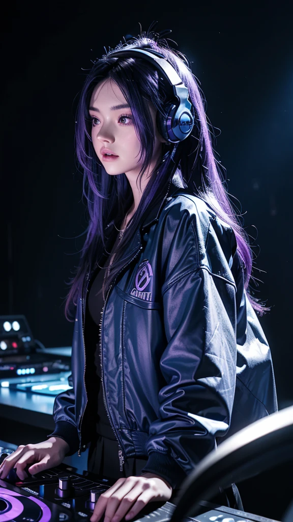 A DJ with long hair in a dark blue and purple gradient, wearing a blue vinyl jacket and a silver skirt. She is in an industrial environment with blue and purple neon lights, silver headphones in her ears as she focuses on the music. Your unique style stands out against the backdrop.