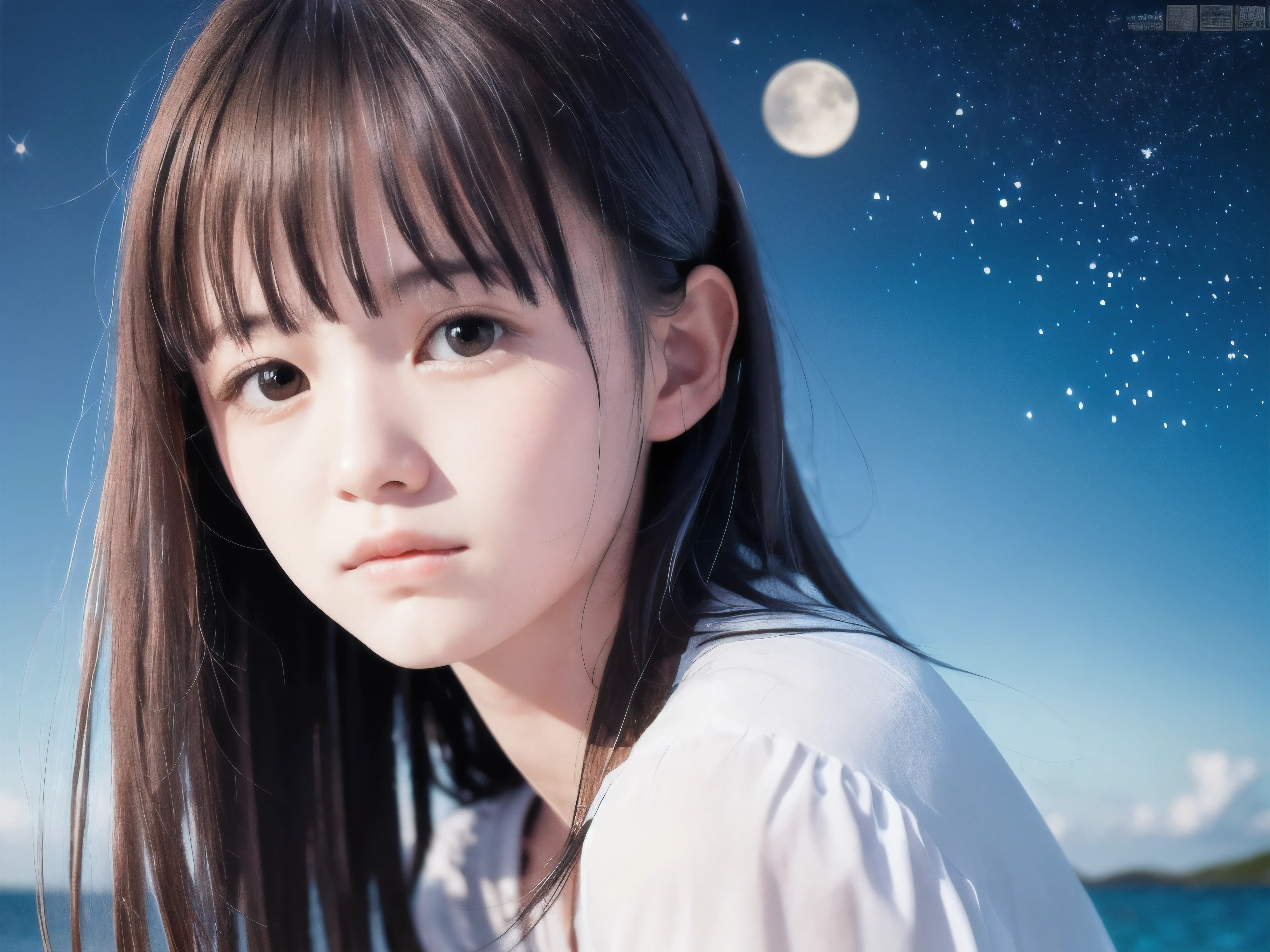 (Close up face shot of slender small-breasted half up brown long hair with bangs girl wearing a white summer dress:1.5)、(One girl is turn around and crying face with tears at the cape of the sea in Japan:1.5)、(Beautiful midnight with full moon and stars on the sea:1.5)、(blurred background:1.5)、(Natural light:1.5)、(8k ultra detailed master piece:1.5)、(perfect anatomy:1.5)、(Photorealistic stick:1.5)、(Raw photo:1.3)、(highest quality:1.5)、(High resolution:1.3)、(Delicate and beautiful perfect face:1.3)、(Delicate and beautiful eye air skin:1.3)、(Real Human Skin:1.3)、((thin legs))