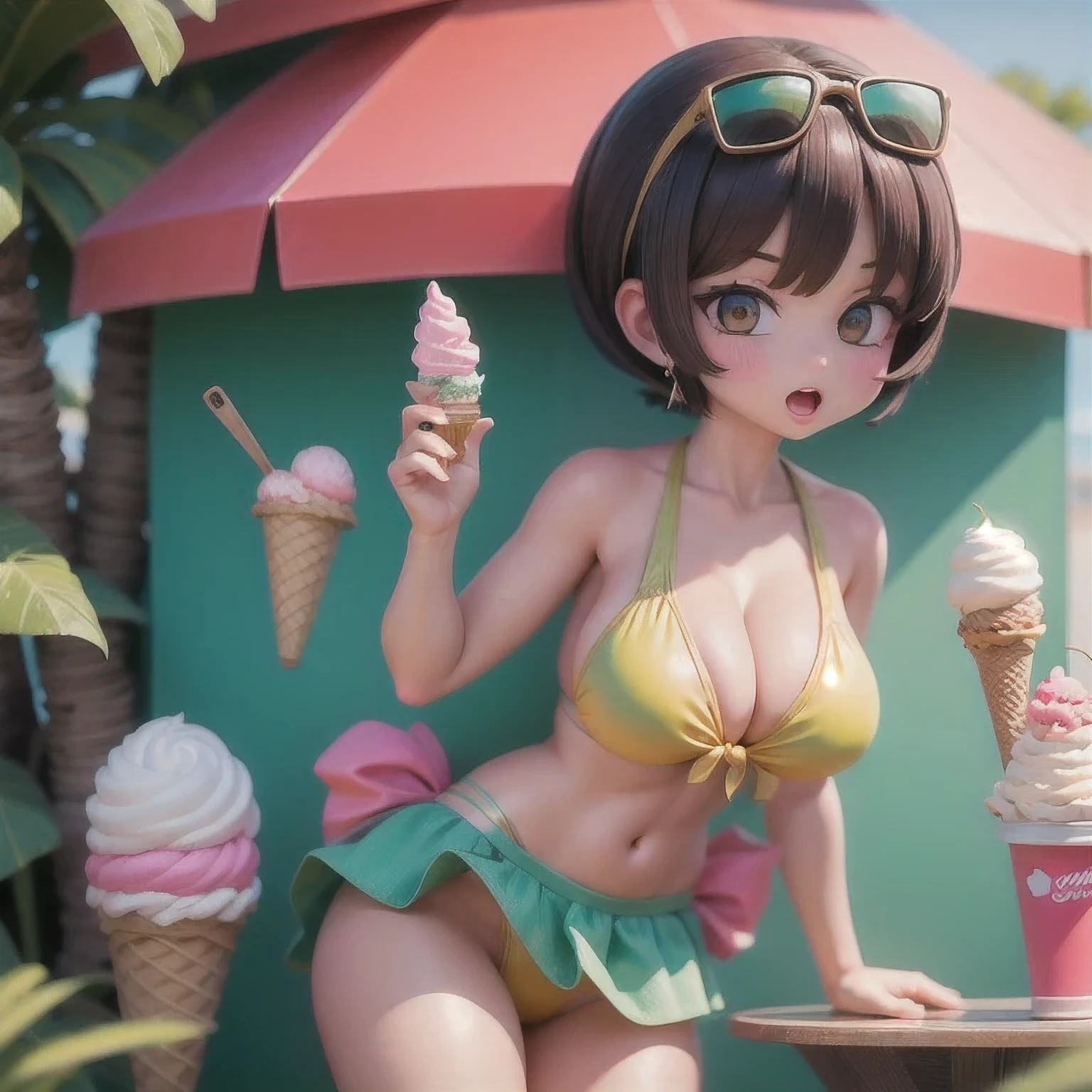 girl in a bikini eating an ice cream cone, eating ice cream, in a bikini, angela white, giorgia meloni, katy perry, in bikini, eating ice - cream, wearing spandex bikini, ice cream on the side, bikini, ice cream, wearing a bikini, candid photo of dirty, shiny plastic bikini, candid shot, cone, 1 girl, solo，in a green dress standing by a wall,portrait of female idol