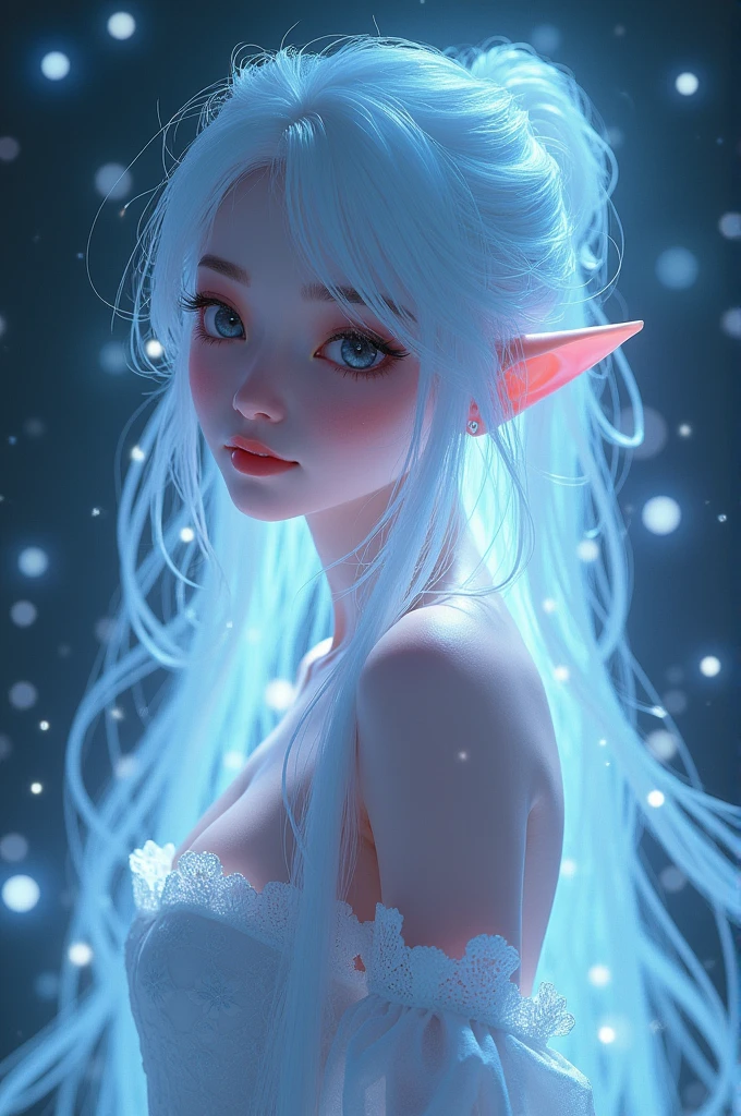 A woman, pale skin, big eyes with galaxy design, long white hair with little stars, gentle countenance, dark blue with gold color clothes, medium breasts, curvy body