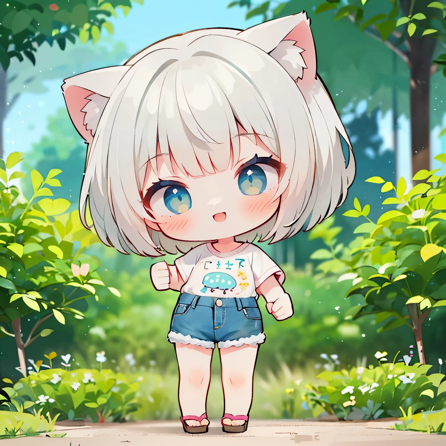 (Thumbs up:1.4), (One girl), cute, ((Chibi Character)), (smile:1.3), Open your mouth, (Cat ear), (Gray Hair), Bobcut, (garden), {White designer T-shirt, Denim shorts, Sandals}, Full Body Shot, ((Highest quality)), ((masterpiece)), (detailed), Perfect Face, Perfect Arms, Perfect hands, Perfect Fingers, anime, Ultra-fine illustration,