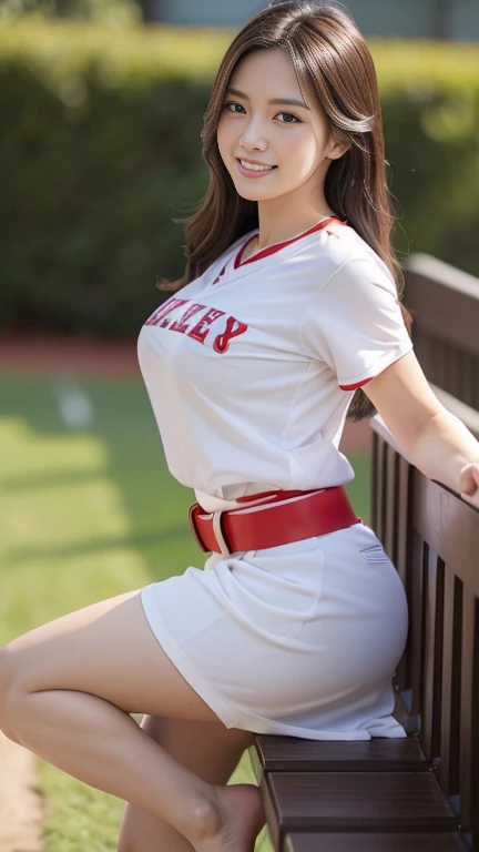 1 girl、(Age 27)、(Highest quality), Realistic, Very detailed, finely, High resolution, (8k), One beautiful woman, (Starry Sky Baseball Stadium)、(Taiwan Rakuten Cheerleaders),(A white T-shirt with a red Rakuten logo))、((Red Belt))、((White shorts))、((From the whole body to the toes:1.3)、((Full Body Shot:1.3))、(Big Breasts)、(Big Ass),(Look back and laugh)、 (Look at me and smile),(Side Shot)、(Side view:1.3)、(photoRealistic:1.3),(From the whole body to the toes:1.3)、(Sit on a bench)、(A smile showing white teeth),