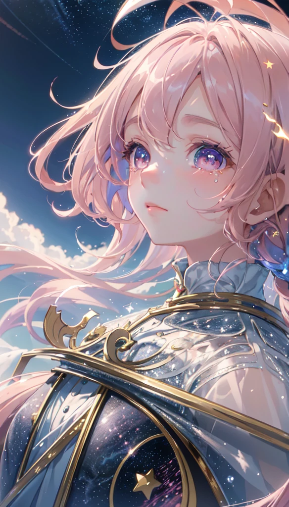 masterpiece, Highest quality, Movie stills, One girl, Floating in the sky, cloud girl, cloud, (close:1.1), , Soft lighting, Volumetric lighting, Bauhaus, shape, OK, Sparkling, Sparkling, Swirl, Abstract, Expressive、tears、One girl, solo,Long Hair, Pink Hair、Sparkling、Pink eyes, Pink Hair, Lens flare, 