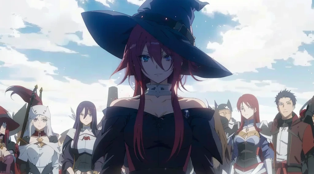 anime characters in front of a group of people holding sword,wearing red hats, witches academy, erza scarlet as a real person, black witch character, witch girl, mechanized witch girl, glamor anime witch casting magic, Anime girl named Lucy, marisa kirisame, female anime character, tsukasa dokite, [[[[grinning wickedly]]]]