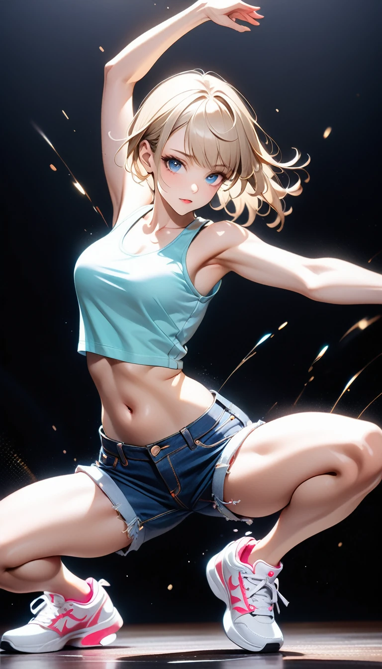 (Generated in SFW:2.0), masterpiece, Highest quality, Realistic photos, RAW Photos, dynamic dancing woman, alone, Beautiful Face, Bangs that fall on the forehead, Casual clothing, (Tight tank top:1.2), (Denim shorts:1.2), Sleeveless, Seductive body lines, alluring looks, break, Cool dance, break, Hip Hop Dance, (Black background color:1.5), (A dark background to make your subject stand out:1.1), (Focus on the eyes), (Full Body Shot:1.2), break, Street dance, Hip Hop Dance, Club dance, dynamic pose, dynamic, Moments that captivate you, Concentrated face, View your audience, bend, Spread your legs, Cool pose, Applying random anagrams to create completely different new works,
