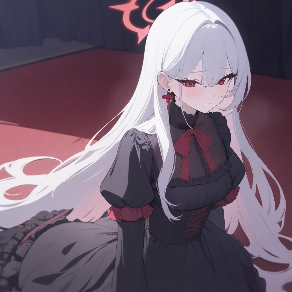 \(blue_archive\) best_quality newest_masterpiece, detailed, high quality, absurdres, Vodina, 1girl, solo, long hair, white hair,red at the end of hair,red eyes,Lolita dress,red and black dress,black earrings,blue archive styles