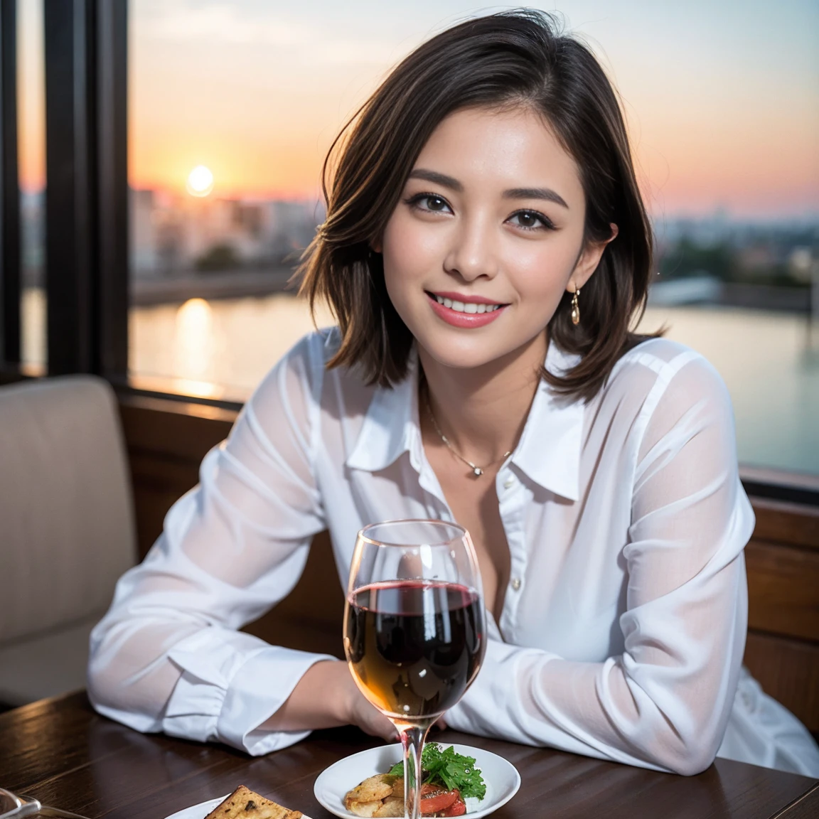 ((Highest quality、8k、masterpiece:1.3))、slimカップル、modelカップル、(Realistic, Intricate details:1.2), full-course dinner、Wine Party、Amazing view of the sunset sky and clouds、A bright smile、The wonderfulness of smile、Bright image、The beauty of wine, Beautiful Face, blue eyes, The light shines on your face, blush, short hair,Bright Face、 (Age 37), 39 years old, red wine 、Appetizers、Italian food、Wine bottle、Champagne、sparkling wine、Two beauties、Brown Hair、Shortcuts、Long sleeve shirt、dress、Beautiful woman 1, (slimな顔), (The body is slim), (Brown Hair), (Shortcuts), cheeks turn a little red,Attractive beauty、restaurant, In a prominent place (From the waist up) Nova Frog Style, actress, model, Upper Body, White wine, slim, wine glass, 中央に置かれたwine glass, smile, (smile: 1.15), Beautiful fine grain, Depth f/2,saturation, High Contrast, Strong light and shadow,Moist Body:1.5、3D texture、Delicate eyes、Brown Hair、The hair is very shiny、