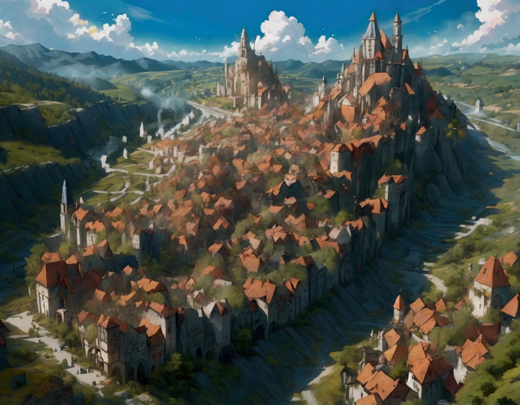 City Vision，Magnificent and luxurious Western fantasy，The city is surrounded by forests，The time is daylight，Medieval European city，Very beautiful city，The city cluster is concentrated in the center of the picture，The picture is surrounded by forest，Cities are not decentralized，The city has a high altitude