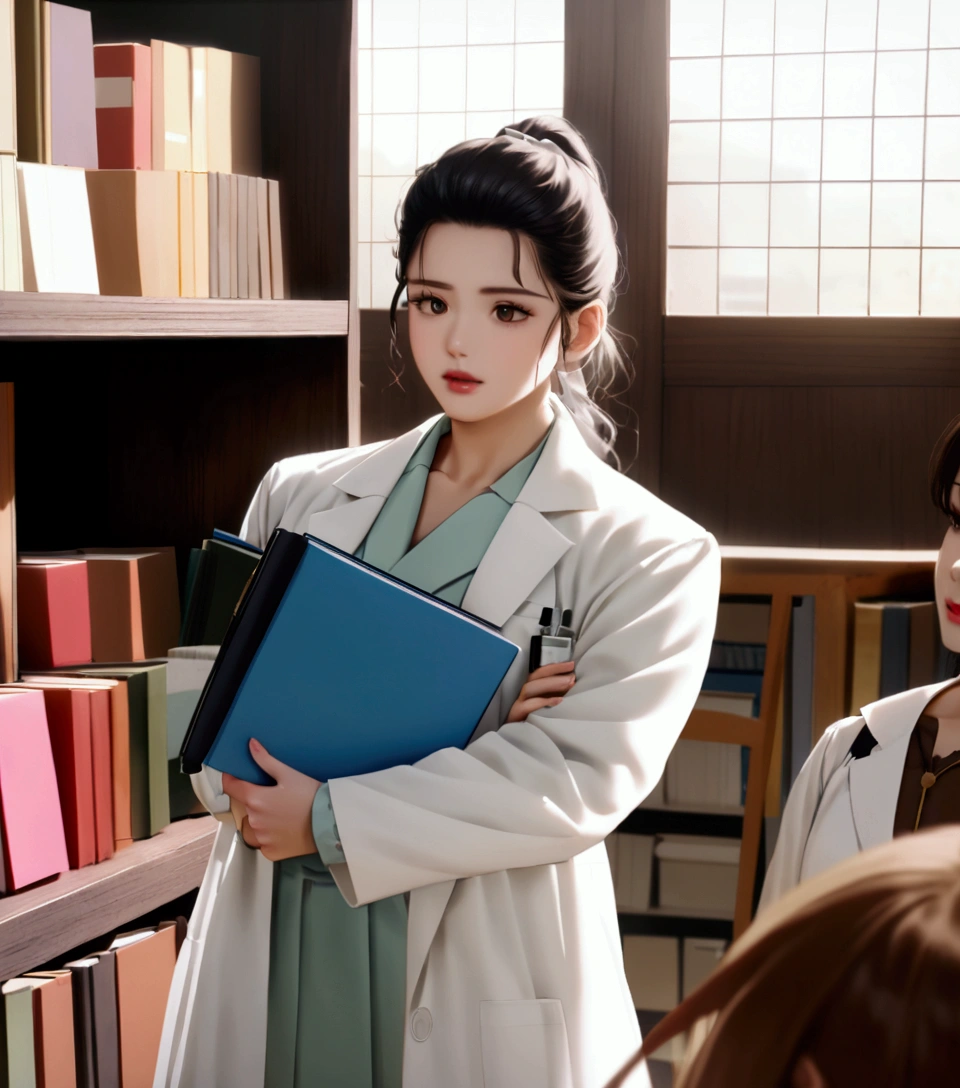 arafed woman in lab coat holding a folder in a library, wearing lab coat and a blouse, bae suzy, doctor, with a lab coat, (doctor), wearing a labcoat, wearing lab coat, medical doctor, wearing a white lab coat, song hye - kyo, jaeyeon nam, scene from live action movie, wearing a lab coat, white lab coat