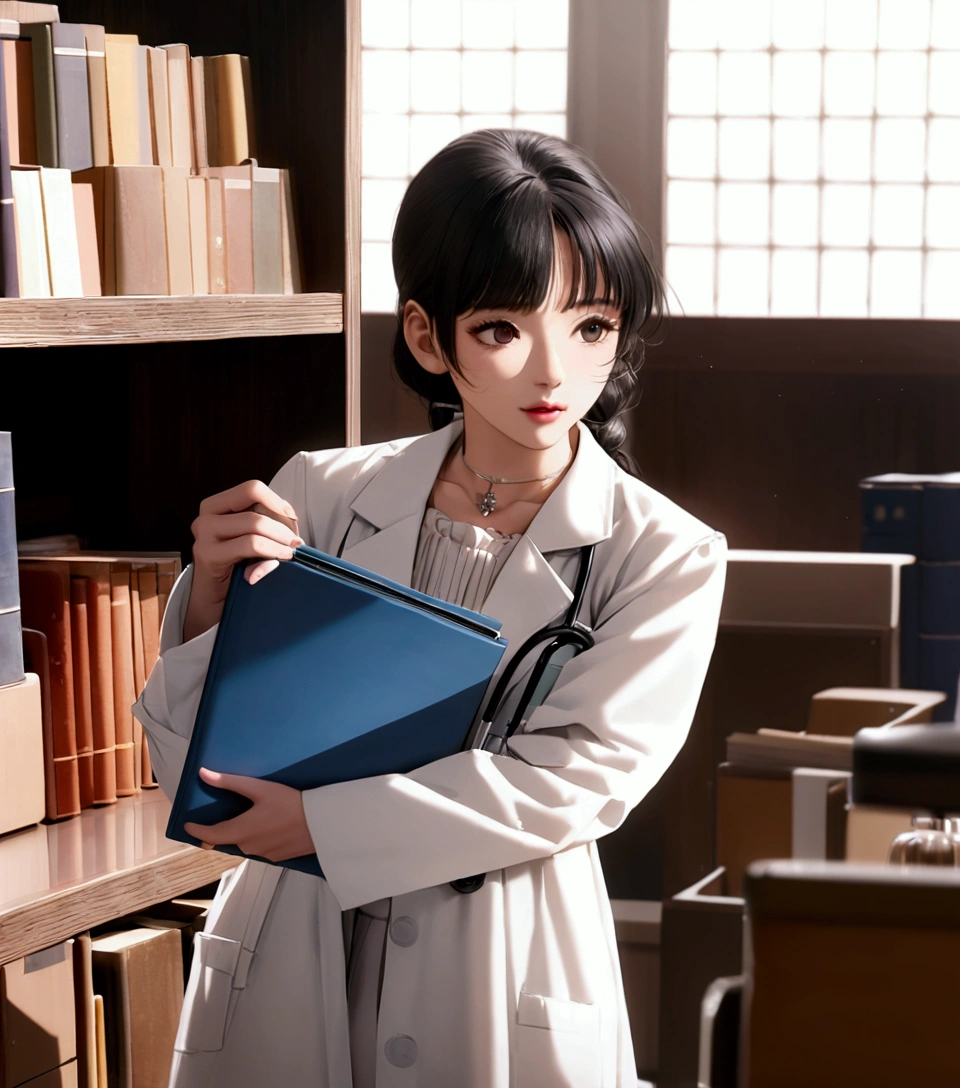 arafed woman in lab coat holding a folder in a library, wearing lab coat and a blouse, bae suzy, doctor, with a lab coat, (doctor), wearing a labcoat, wearing lab coat, medical doctor, wearing a white lab coat, song hye - kyo, jaeyeon nam, scene from live action movie, wearing a lab coat, white lab coat
