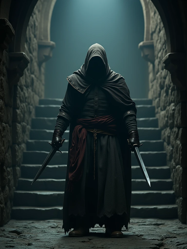 (masterpiece:1.2), (best quality:1.2), 8k, HDR, ultra detailed, ((photorealistic)), professional light, cinematic lighting, fashion photography, ambient lighting, background, a dark medieval dungeon, Darkness, epiCPhoto, stairs, A thief in cloth armor, holding daggers in each hands.