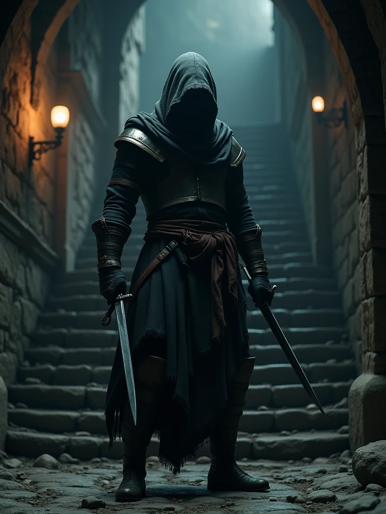 (masterpiece:1.2), (best quality:1.2), 8k, HDR, ultra detailed, ((photorealistic)), professional light, cinematic lighting, fashion photography, ambient lighting, background, a dark medieval dungeon, Darkness, epiCPhoto, stairs, A thief in cloth armor, holding daggers in each hands.