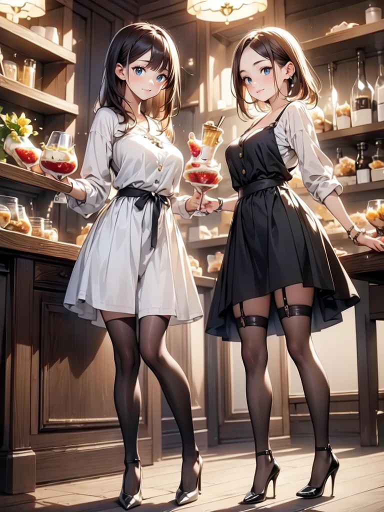 (masterpiece:1.3),(best quality, highest quality),((Full Body Shot,Including face)),()1girl,4K,masterpiece,((Focus on the face)),((Symmetrical facial features)),Beautiful woman,(slender),((High heels,Patterned stockings with straps)),Detailed depiction of the face, Cafe clerk ,bar counter,profile,Long skirt,slenderな女性,Green Cafe uniform,Age 25,(((Make a banana parfait)))