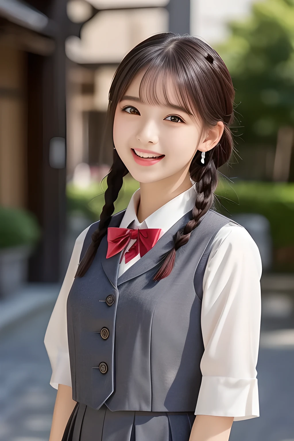 (highest quality, masterpiece, high resolution:1.2), 4K, (Photo quality detailed face: 1.2), (Giorgione painting style: 1.0), geometry, (16 yo beautiful Japanese girl: 1.0), Laughing cutely, (neat girly white short-puffed-sleeves school blouse), (Dark red glossy school ribbon on the breast: 1.0), (Gray Japanese school girly vest Uniform: 1.2), (Beautiful light-amber-cute-girly large clear eyes with detailed cutely: 1.2), (Long bottom eyelashes: 1.0), (Expressing the greatest joy with her whole body: 1.5), (Glossy lips: 1.0), (braids under her ears: 1.0), (cute earrings), (Inviting me into the heaven: 1.0)