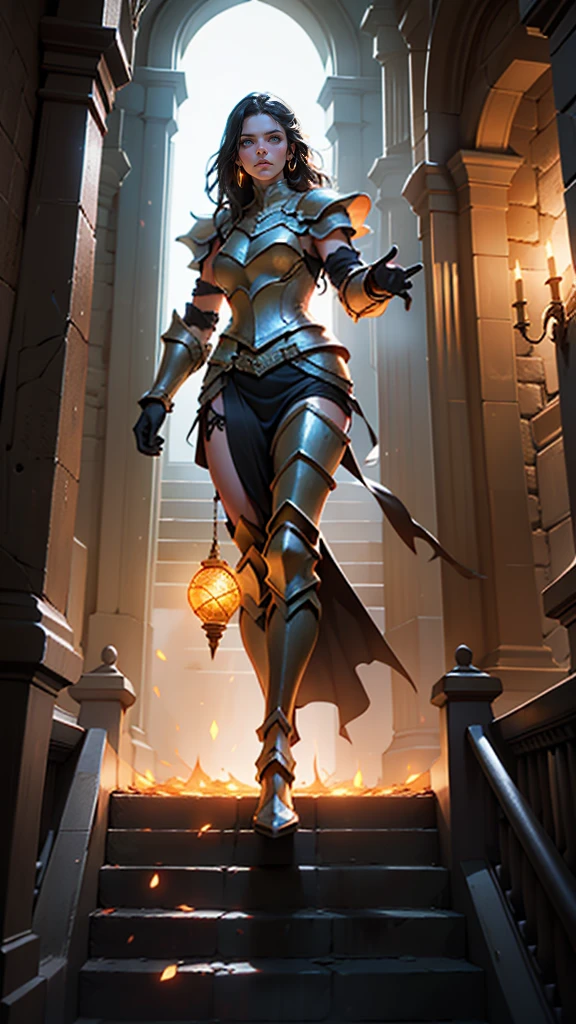 (work of art:1.2), (best qualityer:1.2), 8k, HDR, ultra detaild, ((photorrealistic)), professional light, cinematic lighting, fashion shooting, ambient lighting, fund, a dark medieval dungeon, darkness, epic photo, fire, staircase, A woman in cloth armor, breasts big, holding a golden glowing sphere with both hands.
