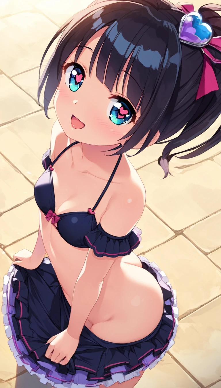 One girl, Slight bulge in the crotch, , Young girl, mesugaki, Mesgaquismiles, boyish, Black Hair, bikini, Long ruffled skirt, Small breasts, Big Ass, Thick thighs, teasing, Naughty Looks, Heart Eyes, Lower Arm, Girl puts hand on crotch, Neat, Focus on the girl, Glowing Skin, Oily skin, gravure, pin up, Junior idol, Image Video, masterpiece:2, 最high quality, high quality, Very detailed, Ultra-high resolution, Ultra-high resolution, Beautiful details, Dynamic Angle, Perfect lighting, 8k, Animation Style, Manga style, Game CG, software