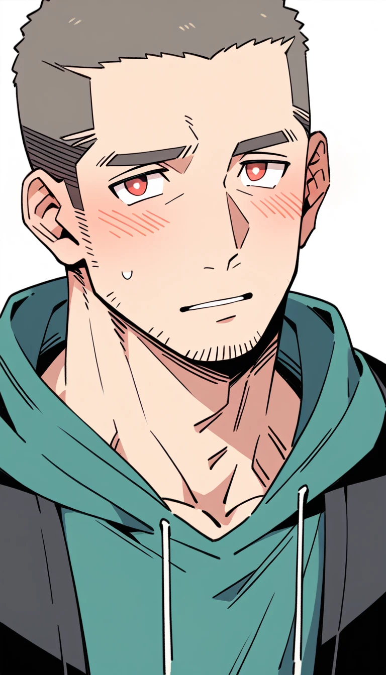 negative space, anime characters:Priapus, Muscle Sports Student, Buzz Cut, Manliness, male focus, Sports tight hooded sweatshirt, Very tight, full and perky chest muscles, muscular male, muscular, only, Upper body, alone, Red short hair, Thick eyebrows, stubble, Brown-red pupils, White background, simple background, amazing quality, best aesthetics, Ridiculous, crew cut, parted lips, flustered, endured face, shy, blush, negative space, best quality