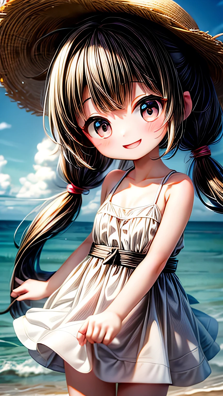 最high quality, masterpiece, , ,short, Huge breasts, Black Hair,Low twin tails, Black eyes, Yukinecris, Thin twin tails,, Beach, Ocean, White Dress, White Skirt, White dress, Straw hat,  (((shy))), (Happy), Leaning forward, summer, From above, Reaching out, smile, masterpiece, 最high quality, high quality, High resolution､ ((smile)), smileで､((Random pose))､