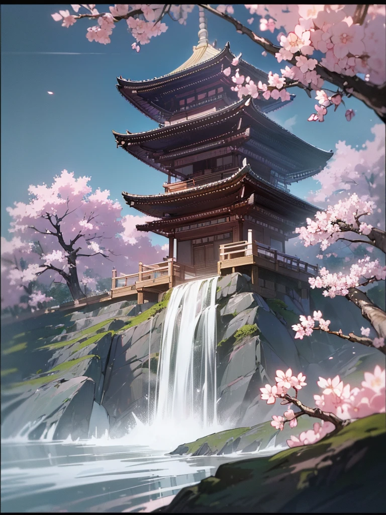 (((best quality, sharp image, clear image, cinematic lighting, 8k resolution, masterpiece, ultra detailed))) japanese temple, waterfall, landscape, sakura blossom in foreground.