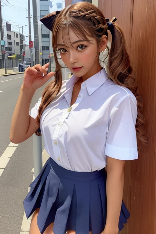 ((日本のギャルのgirl)),(Fox Ears) (a beauty girl), delicate girl:1.3), (12 years old:1.3), break,(Fox Ears)、 (High school girl wearing summer uniform), break, Very good transparency, (Symmetrical eyes:1.3), break, (On the streets of Shibuya), break, ((Small breasts)), Brown eyes, ((Gal Hairstyles)) , girl, break, (Eye and facial details:1.0), break, (masterpiece, Highest quality, Very detailed, Detailed face, 8k)、((Unbutton your shirt))、((Unbutton your shirt))、((View your viewers))、(Dynamic Movement)、Cowboy Shot