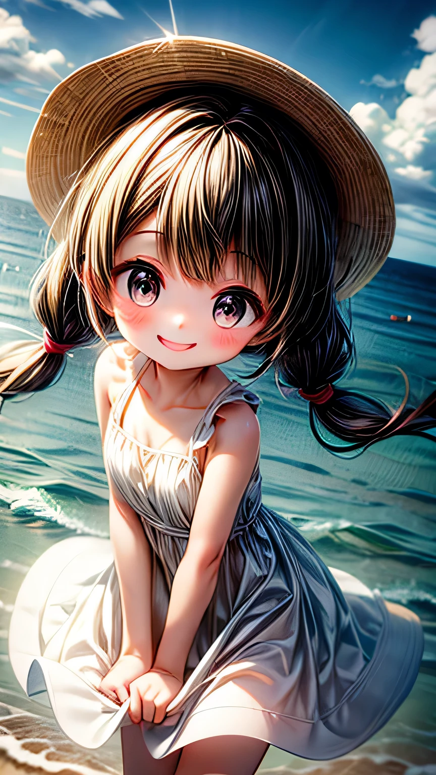 最high quality, masterpiece, , ,short, Huge breasts, Black Hair,Low twin tails, Black eyes, Yukinecris, Thin twin tails,, Beach, Ocean, White Dress, White Skirt, White dress, Straw hat,  (((shy))), (Happy), Leaning forward, summer, From above, Reaching out, smile, masterpiece, 最high quality, high quality, High resolution､ ((smile)), smileで､((Random pose))､