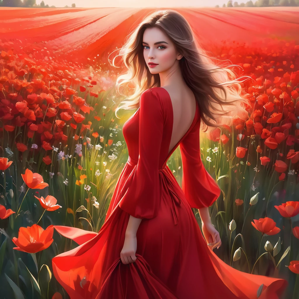 A woman in a blue dress stands on a field of white flowers, Beautiful digital artwork, elegant digital painting, exquisite digital illustration, digital art of elegance, beautiful digital art, очень beautiful digital art, прекрасное gorgeous digital art, Zou Zhe, inspired by Igor Kerylyuk, lady in a dress with glowing white flowers, Yang Jay, gorgeous digital art