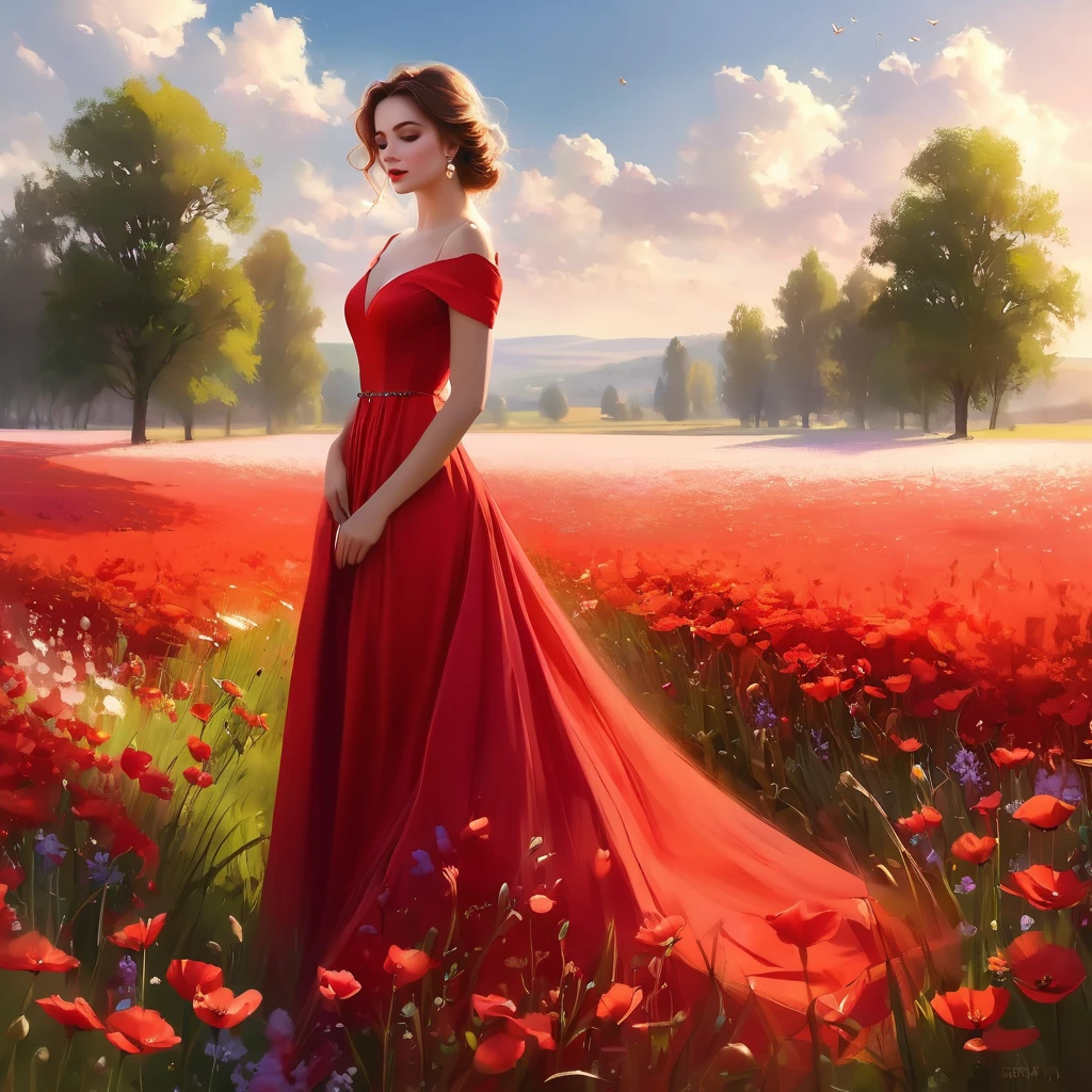 A woman in a blue dress stands on a field of white flowers, Beautiful digital artwork, elegant digital painting, exquisite digital illustration, digital art of elegance, beautiful digital art, очень beautiful digital art, прекрасное gorgeous digital art, Zou Zhe, inspired by Igor Kerylyuk, lady in a dress with glowing white flowers, Yang Jay, gorgeous digital art