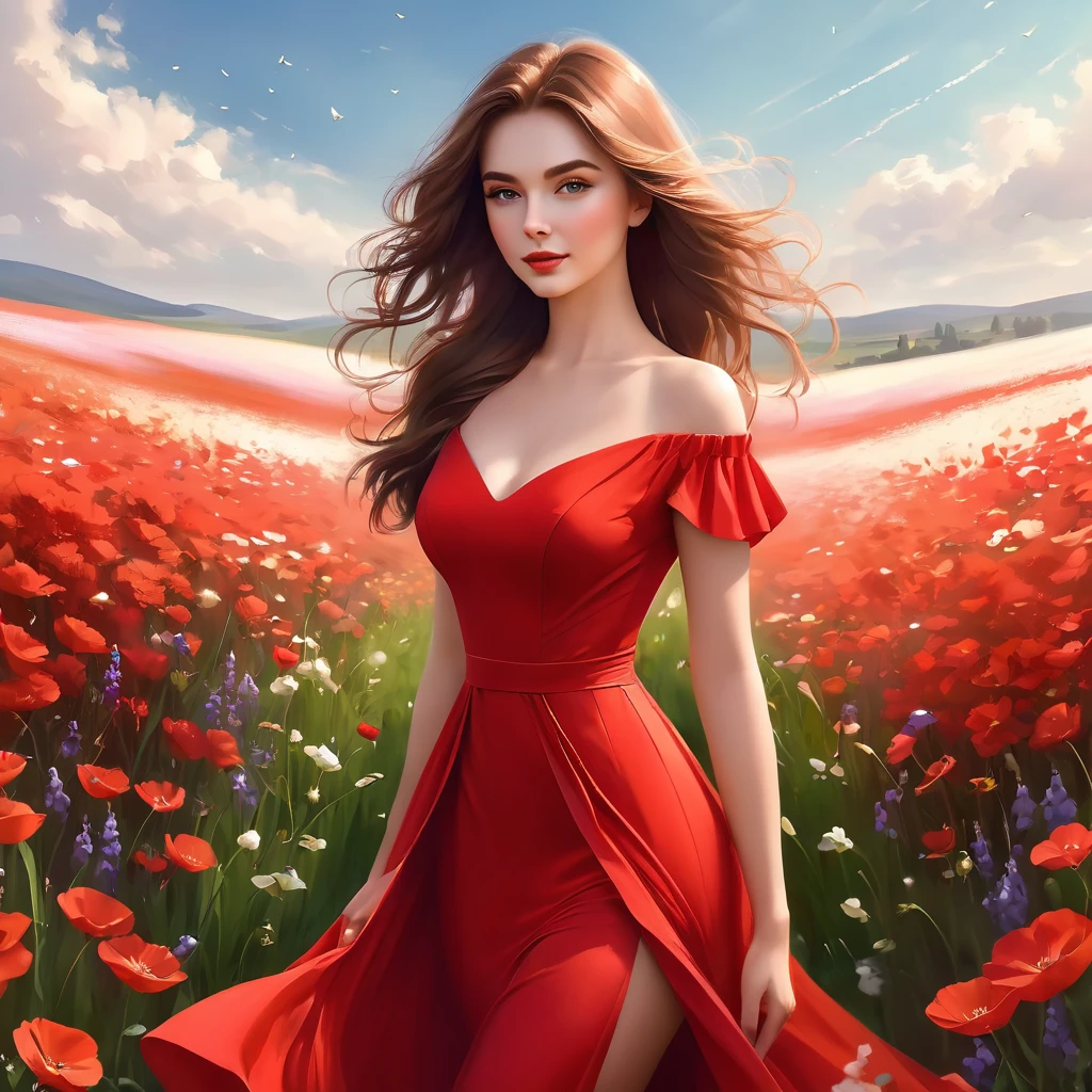 woman in a red dress stands in a field of flowers, Beautiful digital artwork, exquisite digital illustration, cgsociety masterpiece, elegant digital painting, stunning digital illustration, cgsociety 9, cgsociety), beautiful digital illustration, digital art of elegance, gorgeous digital art, очень beautiful digital art, amazing cgsociety, beautiful digital art, искусство wlop