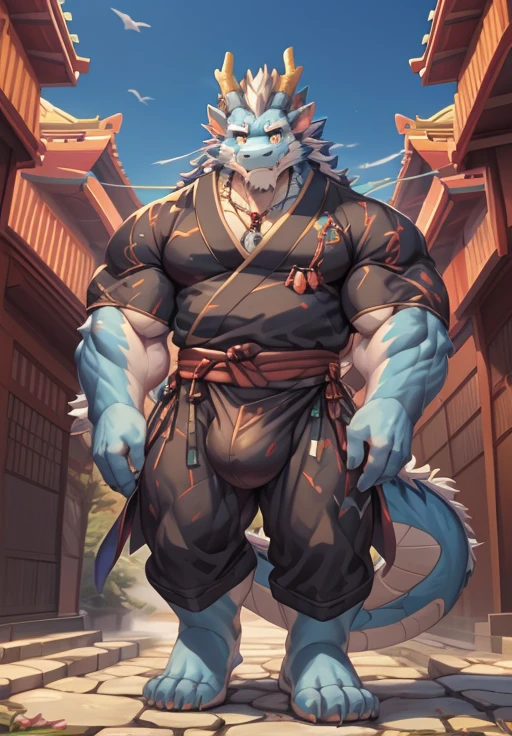 ((Highest quality)), ((masterpiece)), (Super detailed),whole body,Perfect Face,Anthro,Oriental Dragon:2.5, male ,(((Very strong body))), (((Japanese Dragon))):2.5, (((Eastern Dragon))):2.5,(Pure white body), (Strong body,whole body純白の毛皮,Fluffy fur),(((Large crotch bulge))), Furry,Strict,Beautiful and delicate eyes, (Super detailed eyes, Rainbow Eyes, Slightly droopy eyes), (Super detailed 頭髪,long hair,Chestnut-colored hair,Hair as long as height,A charm is tied near the tip of her hair.),shrine, Traditional, Detailed Scene,whole body, (Traditional japanese attire),Revealing outfits, (From null-ghost, Pino Daeni), (whole body), Wearing a random yellow gemstone necklace, nail, ((whole bodyふわふわ fur, whole bodyとてもふわふわ, Furrybody)), (A pair of dragon horns), (A pair of slightly large dog-like ears)