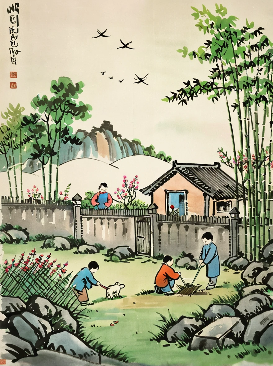 Children repairing sheepfold, board, nail, Reinforcement, Damaged fence, (The traditional Chinese minimalist style of ink wash painting:1.5), (Influence of Feng Zikai's style:1.5), vibrant nature, bamboo forest, Flowers and Grass, Small animals, vivid scenery, Clear image, Peaceful atmosphere, Expressive lines, Vivid color levels, Natural Elements, (The upper left corner of the paper should be blank within two thirds:2.5), The essence of Chinese culture, Delicate tones, A masterpiece of high quality, Excellence in Art, (negative space:2.5), zoom layer, UHD, anatomically correct, masterpiece, accurate, award winning, 8k, best quality, super detail