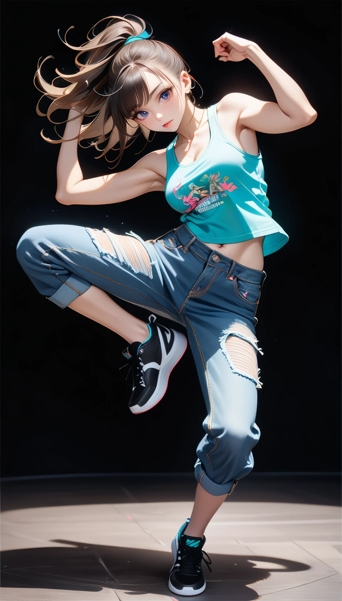 (Generated in SFW:2.0), masterpiece, Highest quality, Realistic photos, RAW Photos, dynamic dancing woman, alone, Beautiful Face, Bangs that fall on the forehead, Casual clothing, (Tight tank top:1.2), (Denim shorts:1.2), Sleeveless, Seductive body lines, alluring looks, break, Cool dance, break, Hip Hop Dance, (Black background color:1.5), (A dark background to make your subject stand out:1.1), (Focus on the eyes), (Full Body Shot:1.2), break, Street dance, Hip Hop Dance, Club dance, dynamic pose, dynamic, Moments that captivate you, Concentrated face, View your audience, bend, Spread your legs, Cool pose, Applying random anagrams to create completely different new works, 