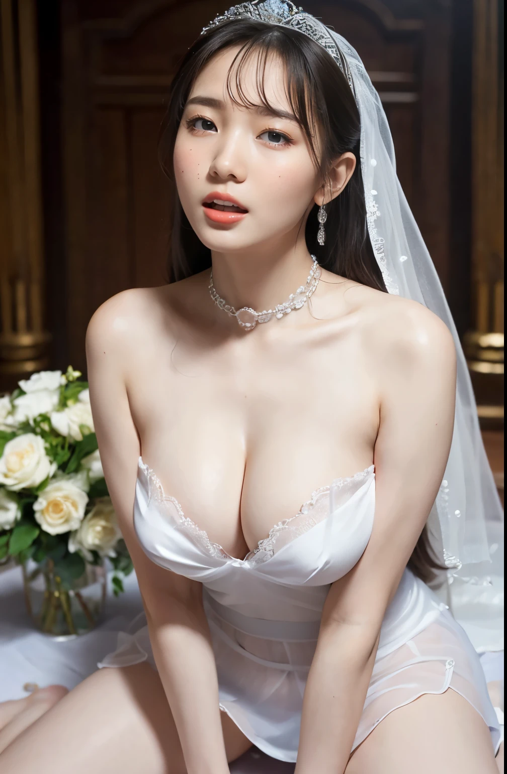 naked,Like the whole body," shape, Bride's white outfit, small silver tiara,huge ,sloppy and droopy breasts, Heavy chest almost exposed ,Fully visible bust,Sheer princess skirt,Church wedding,There is a large crowd of participants behind you, Perfect body, (Highest quality, 4K, 8k, High resolution, Tabletop:1.2), Very detailed, (Realistic, Realistic, Photorealistic:1.37), Royal, Enchanting, (Vibrant colors, Sharp Chest:1.1), Soft lighting", (((100% Transparent dress))). (((100% Transparent panties))). Deep cleavage. (((100%-Good transparency))). Navel exposed. (((Narrow waist))). (((Orgasm Facial))). (((Open your mouth))), (((Narrow waist))), (((Perfect sexy body))), (((Heavy chest)))),(((perfect proportion))), (((orgasm face))),(((open mouth half))), (((insert hand between legs)))