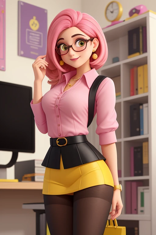 ((master part))), best quality, ultra-detalhado, A lovely woman, com olhos amendoados, cabelo longo e castanho escuro, wearing a pink beard blouse and black tiny miniskirt, yellow pantyhose, sapatilhas, wearing rectangular and black glasses. He is in his psychology office happily decorated with Disney toys.