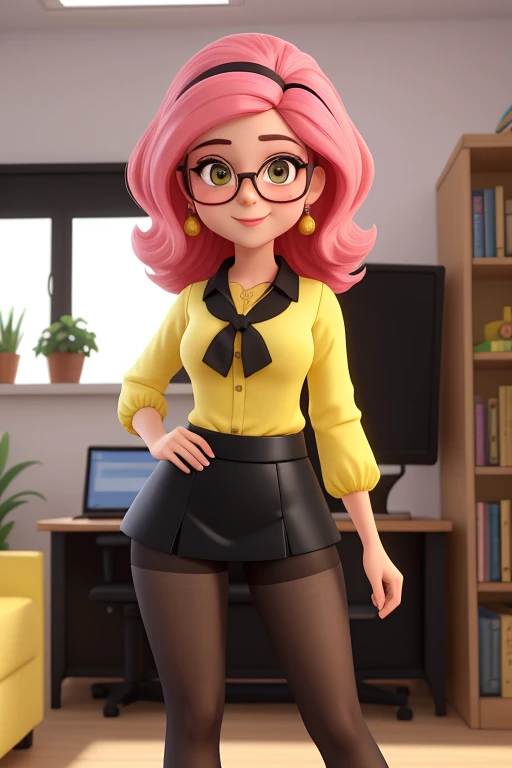 ((master part))), best quality, ultra-detalhado, A lovely woman, com olhos amendoados, cabelo longo e castanho escuro, wearing a pink beard blouse and black tiny miniskirt, yellow pantyhose, sapatilhas, wearing rectangular and black glasses. He is in his psychology office happily decorated with Disney toys.