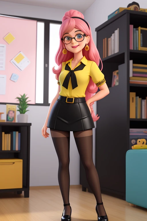 ((master part))), best quality, ultra-detalhado, A lovely woman, com olhos amendoados, cabelo longo e castanho escuro, wearing a pink beard blouse and black  tiny  miniskirt,  yellow pantyhose,  sapatilhas, wearing rectangular and black glasses. He is in his psychology office happily decorated with Disney toys.